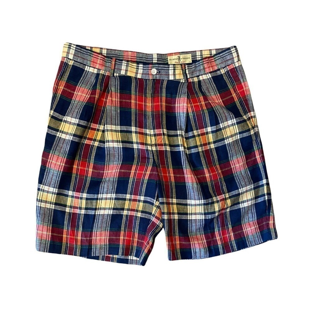 Fairway & Greene Men's Size 38 Golf Shorts India Madras Relaxed Fit Linen